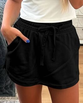 Black French Terry Drawstring Mini Skort with Pockets