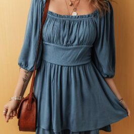 Real Teal Frilled Neckline 3/4 Sleeve Layered Ruched Mini Dress