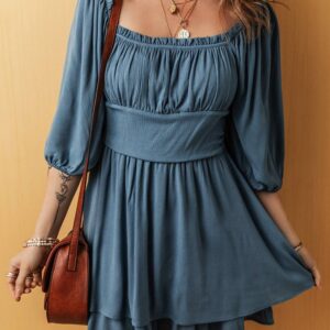 69746744-63bf96491b57b678.jpg Real Teal Frilled Neckline 3/4 Sleeve Layered Ruched Mini Dress