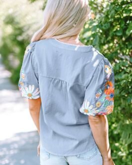 Beau Blue Floral Embroidered Puff Sleeve Split Neck Blouse