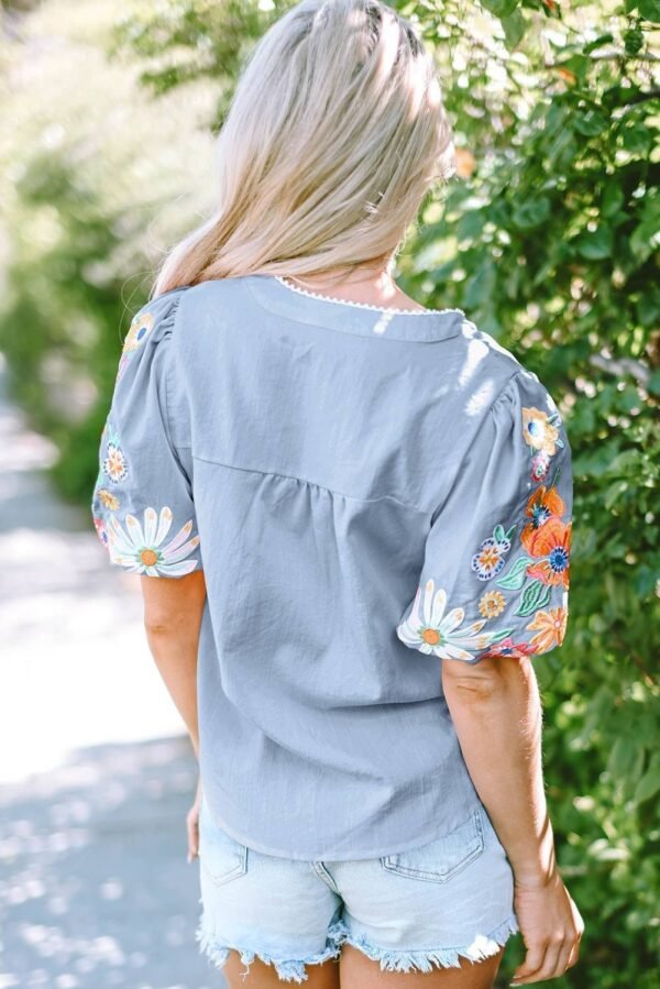 Beau Blue Floral Embroidered Puff Sleeve Split Neck Blouse - Image 2