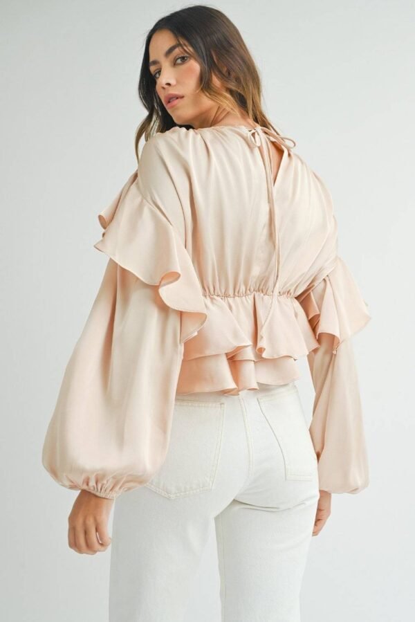Oatmeal Lace-up Keyhole Back Ruffled Peplum Blouse - Image 2