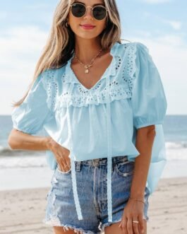 Mist Blue Embroidered Lace Patchwork Tie Neck Puff Short Sleeve Blouse