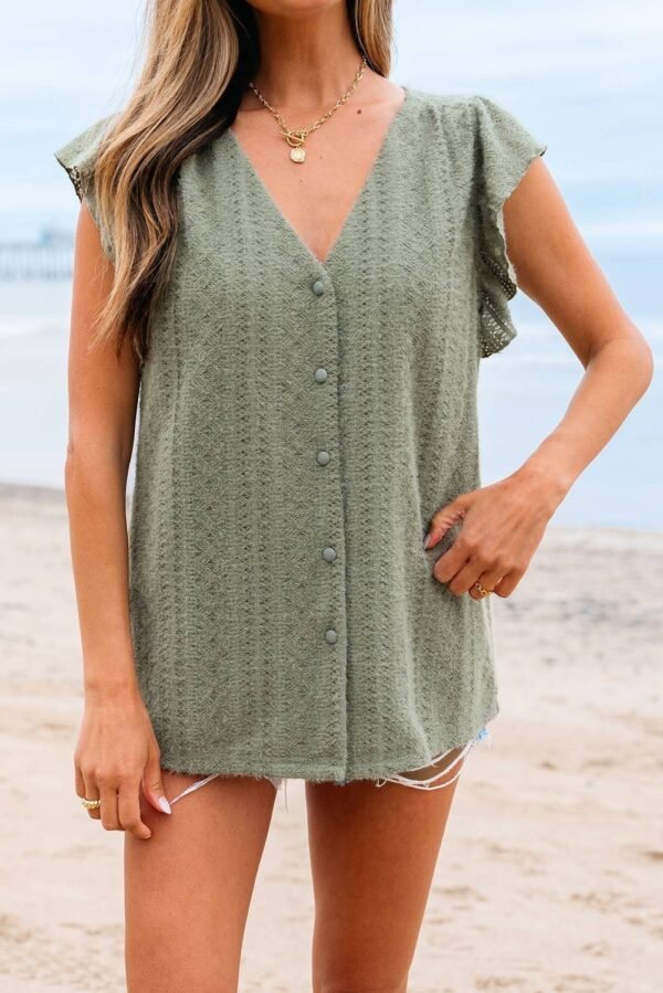 Laurel Green Flutter Sleeve Lace V Neck Shirt - Image 8