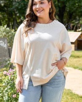 Beige Pearl Decor Crew Neck Half Sleeve Plus Size T Shirt