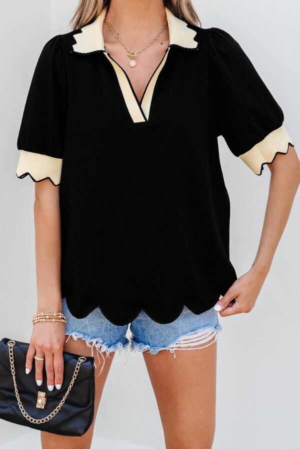 Black Color Contrast Collared V Neck Puff Sleeve Blouse - Image 6