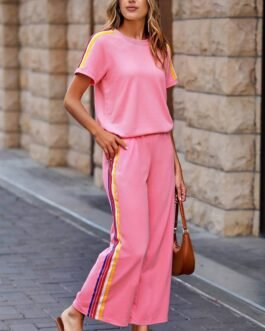 Bonbon Color Contrast Crewneck T Shirt and Wide Leg High Waist Pants Set