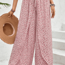 Pink Bohemian Print Slit Wide Leg Smocked High Waist Pants