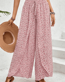 Pink Bohemian Print Slit Wide Leg Smocked High Waist Pants