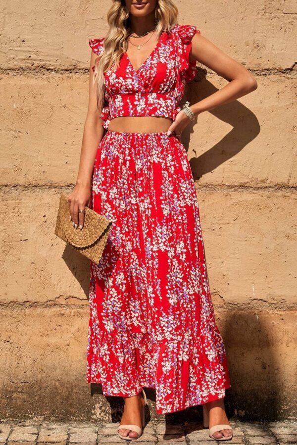 Black Multicolor Floral Ruffled Crop Top and Maxi Skirt Set - Image 6