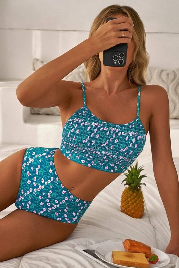 Blue Floral Print Smocked Cute Bikini Set - Image 5