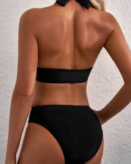 Black Sheer Mesh Edged Halter V Neck Push Up Bikini