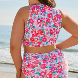 Rose Plus Size Floral Print Twisted High Waist Bikini Set