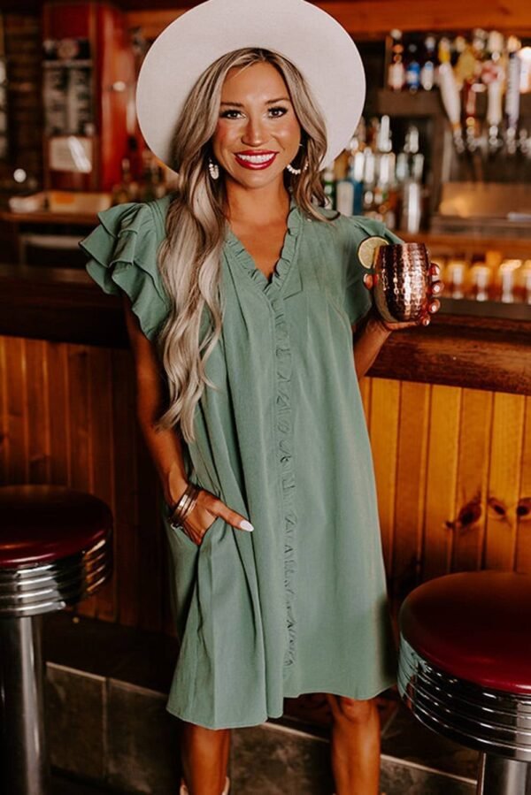 Mist Green Ruffle Sleeve V Neck Frilled Shift Dress - Image 4