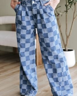 Dusk Blue Checkered Denim Wide Leg Jeans