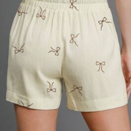 White Bow Print Lace Drawstring Casual Shorts
