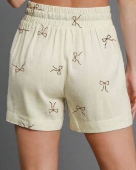 White Bow Print Lace Drawstring Casual Shorts