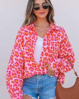 Rose Leopard Printed Button Up Loose Shirt