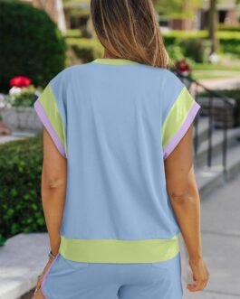 Blue Contrast Trim Cap Sleeve Tee Shorts Set