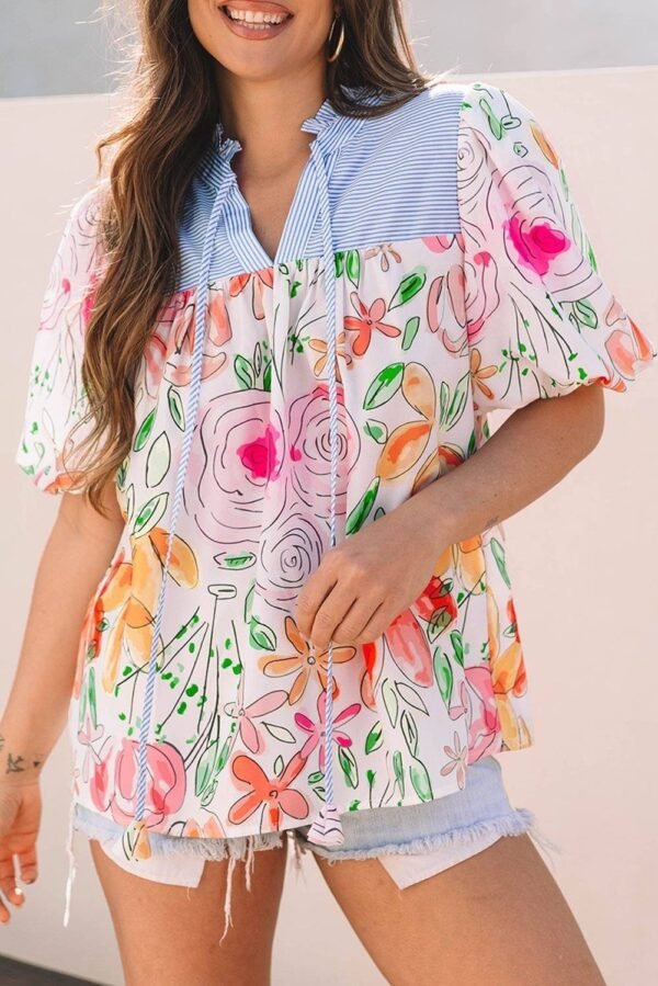Multicolour Floral Print Striped Yoke Frilled V Neck Puff Short Sleeve Blouse - Image 5