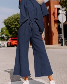 Navy Blue Textured Loose Fit T Shirt and Drawstring Pants Set