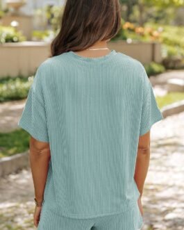 Iceland Blue Ribbed Textured Knit Loose Fit Tee and Shorts Set