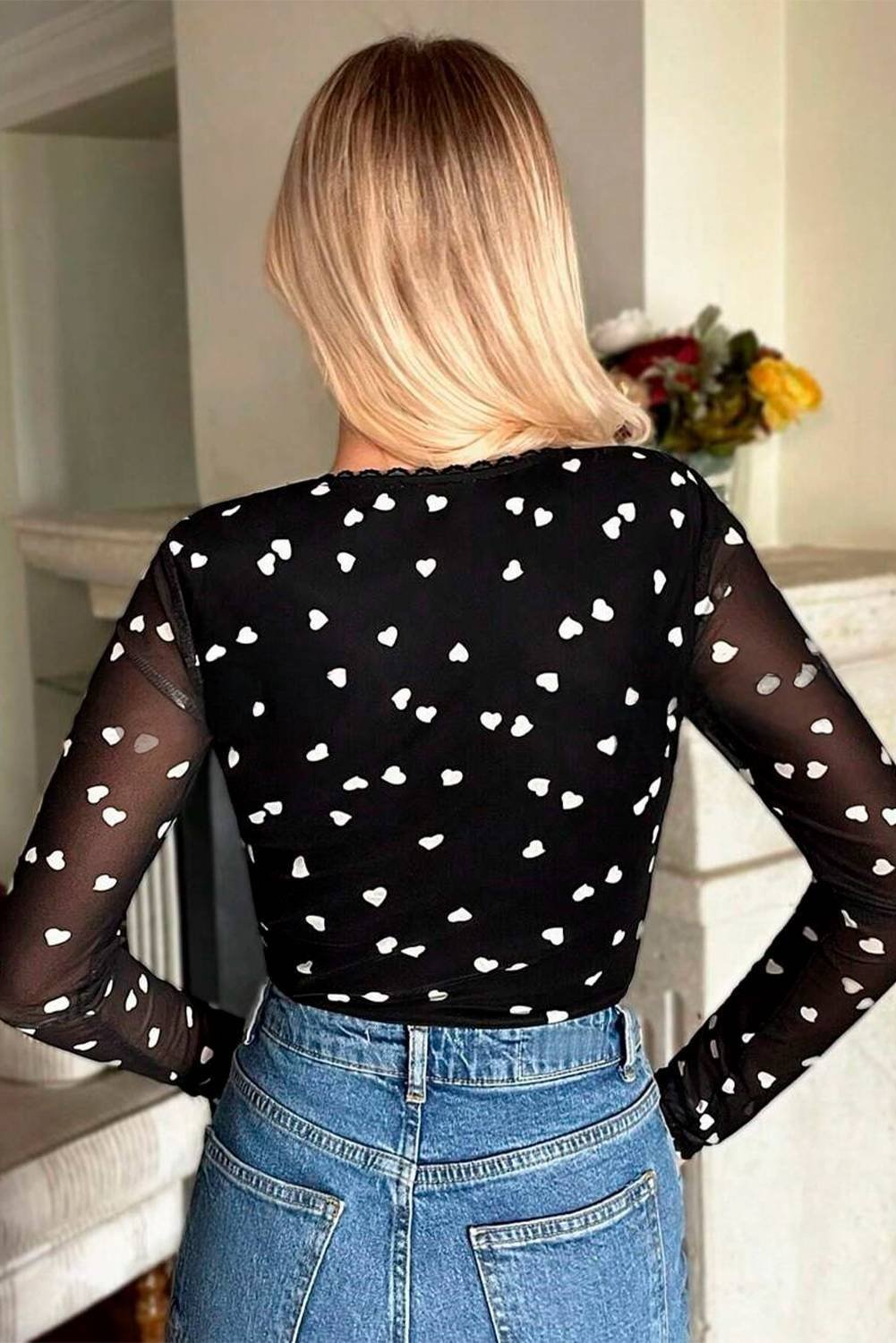 Black Heart Shape Mesh Patchwork Square Neck Bodysuit - Image 2