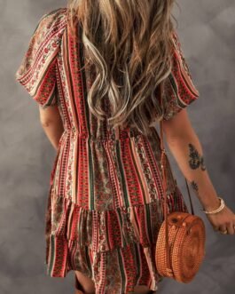 Red Bohemian Floral Print Buttoned V Neck Ruffle Tiered Dress