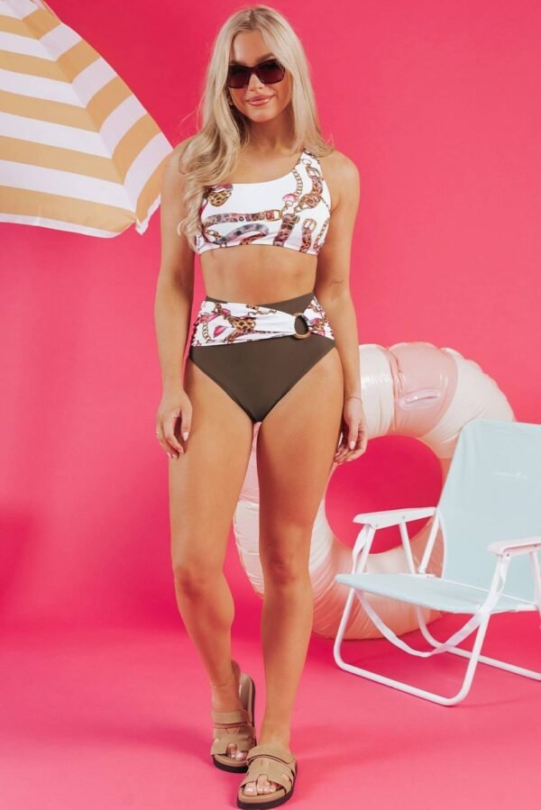 Khaki Abstract Print One Shoulder Ring Linked High Waist Bikini - Image 6