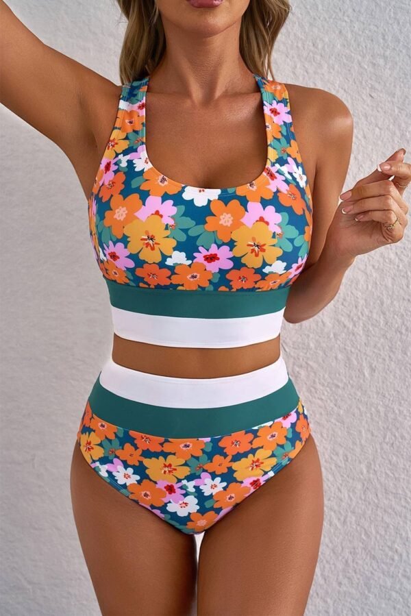 Green Floral Print Racerback Cutout High Waist 2pcs Bikini - Image 5