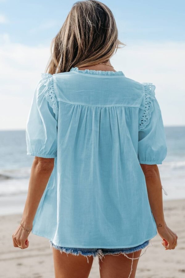 Mist Blue Embroidered Lace Patchwork Tie Neck Puff Short Sleeve Blouse - Image 2