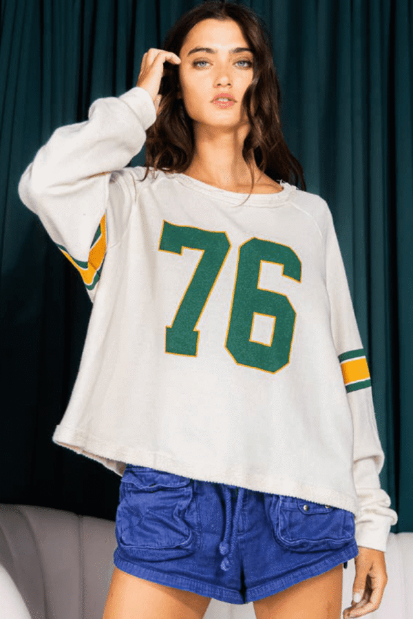 White Number 76 Printed Retro Sporty Long Sleeve Top - Image 4