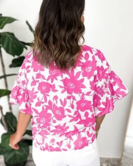Pink Floral Printed Ruffled Short Sleeve Round Neck Loose Blouse