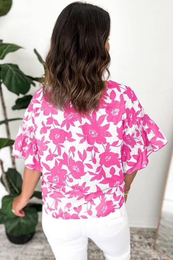 Pink Floral Printed Ruffled Short Sleeve Round Neck Loose Blouse - Image 2