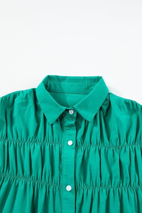 Bright Green Shirred Ruffle Sleeve Button Up Short Dress - Image 8