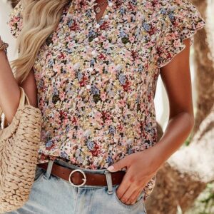 Red Boho Floral Frilled Button Neck Ruffle Short Sleeve Blouse