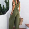 Blackish Green Deep V Pleated Crisscross Wide Leg Backless Jumpsuit