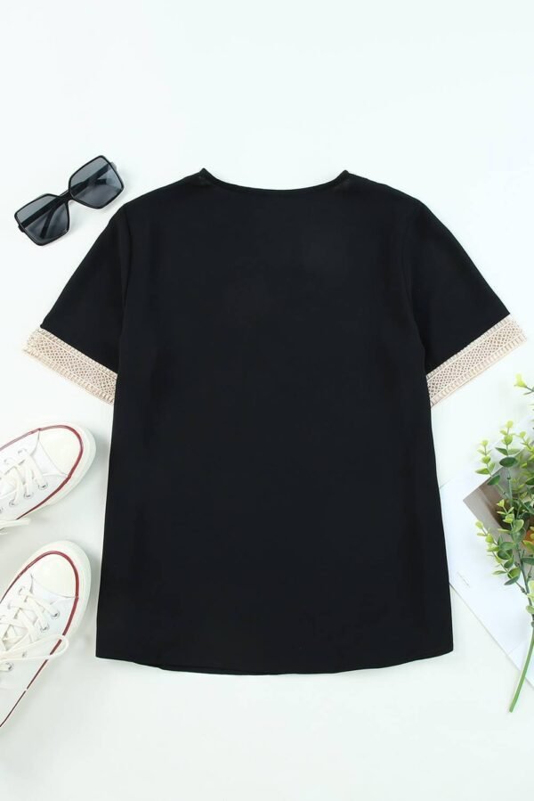 Black Lace Trim V Neck Short Sleeve Blouse - Image 6