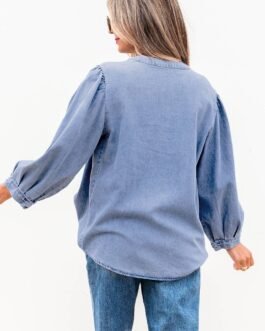 Myosotis Denim Front Pintuck Bow Tie Puff Sleeve Top