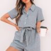 Blue Stripe Chest Pockets Buttoned Belted High Waist Romper
