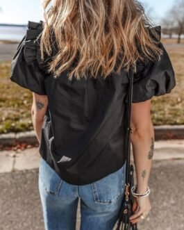 Black Ruffled Puff Short Sleeve Loose Blouse