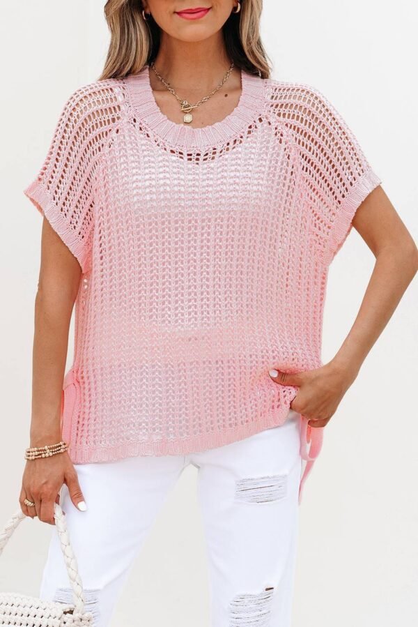 Pink Hollow-out Crochet Side Tied Short Sleeve Sweater - Image 6