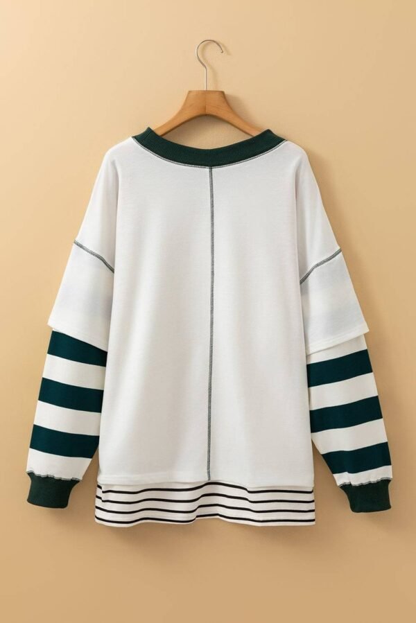 White Stripe Colorblock Sleeve Exposed Seam Fake-2-Piece Sweatshirt - Image 4