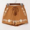 Khaki Embroidered Boho Tasseled Drawstring Elastic Waist Casual shorts