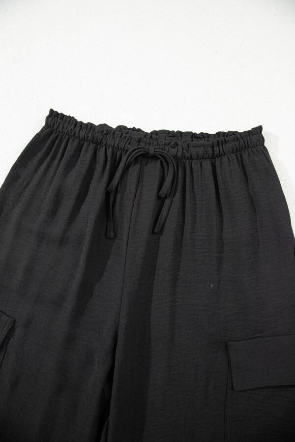 Black Drawstring Frilled Waist Wide Leg Utility Trousers - Image 11