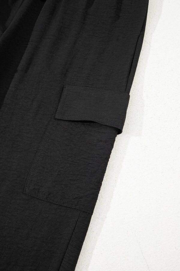 Black Drawstring Frilled Waist Wide Leg Utility Trousers - Image 15