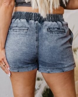 Dusk Blue Drawstring High Waist Pocketed Denim Shorts