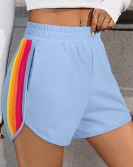 Beau Blue Color Block Stripes Elastic High Waist Active Shorts