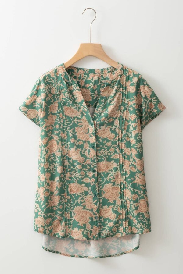 Green Floral Print Pleated Buttoned V Neck Short Sleeve Blouse - Image 3