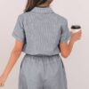 Blue Stripe Chest Pockets Buttoned Belted High Waist Romper